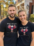 Couple in black Join, or Die eagle tees in front of a brick building