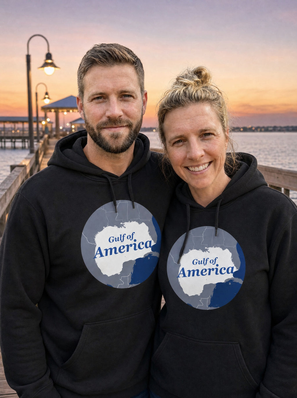Garrett and Savannah wearing matching black Gulf of America retro map hoodies on a Gulf Coast fishing pier at dusk