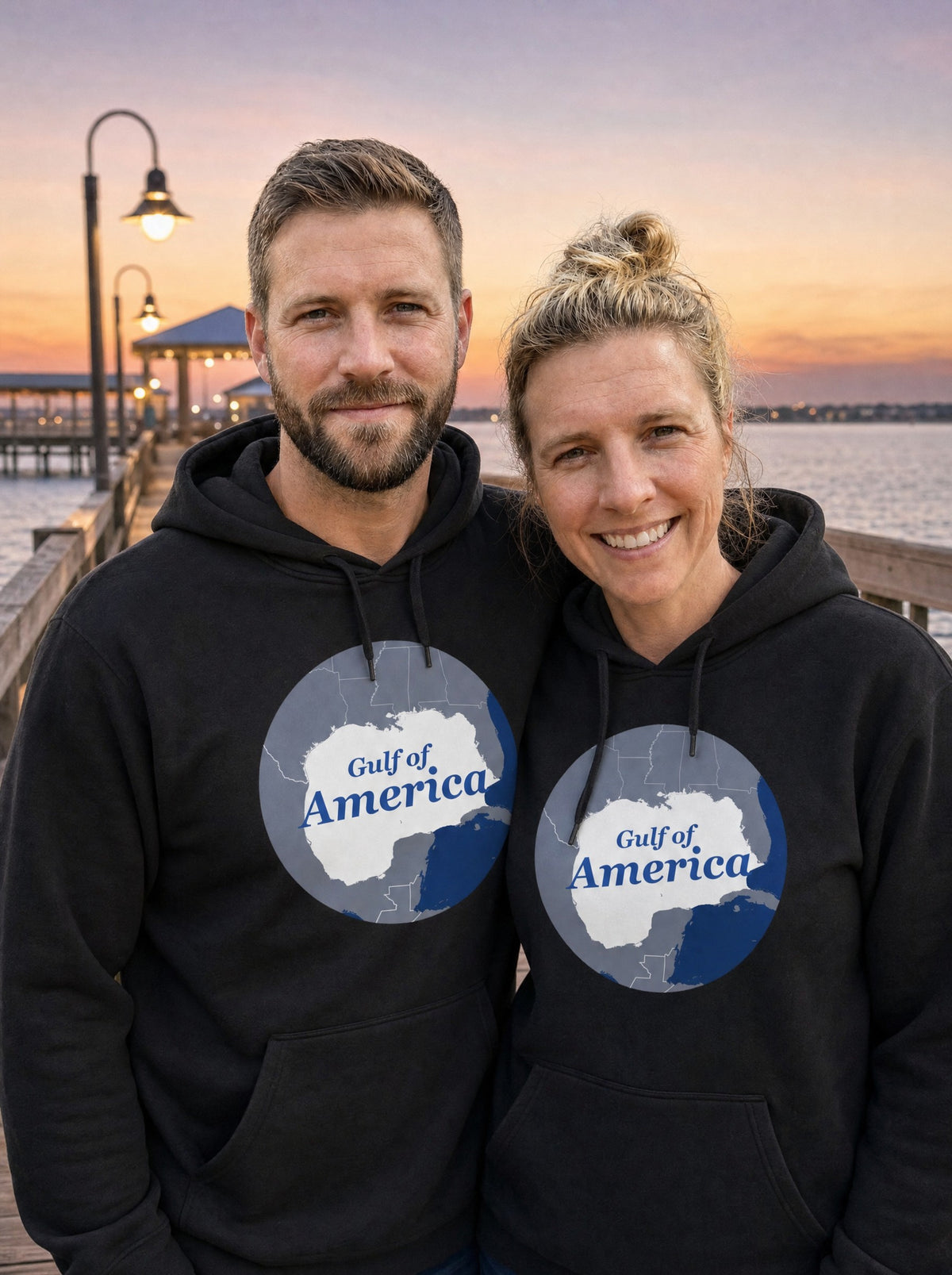 Garrett and Savannah wearing matching black Gulf of America retro map hoodies on a Gulf Coast fishing pier at dusk