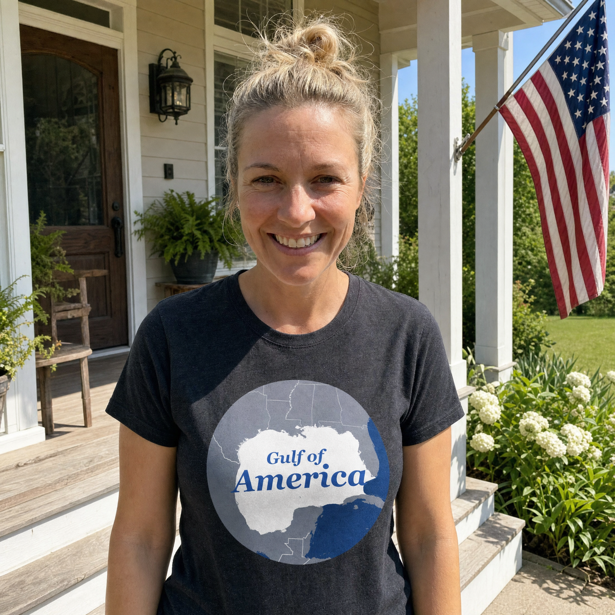 Woman smiling on a front porch wearing the Gulf of America retro map tee in black heather