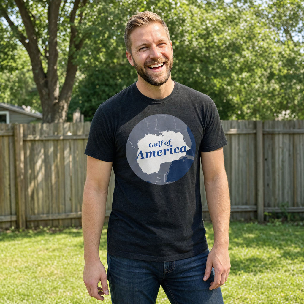 Man smiling in a backyard wearing the Gulf of America retro map tee in black heather