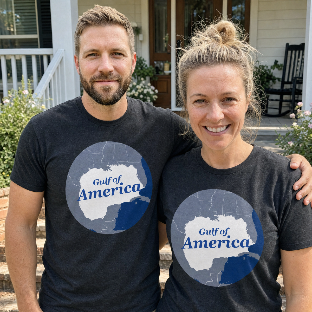 Man and woman standing together on a porch wearing Gulf of America retro map tees
