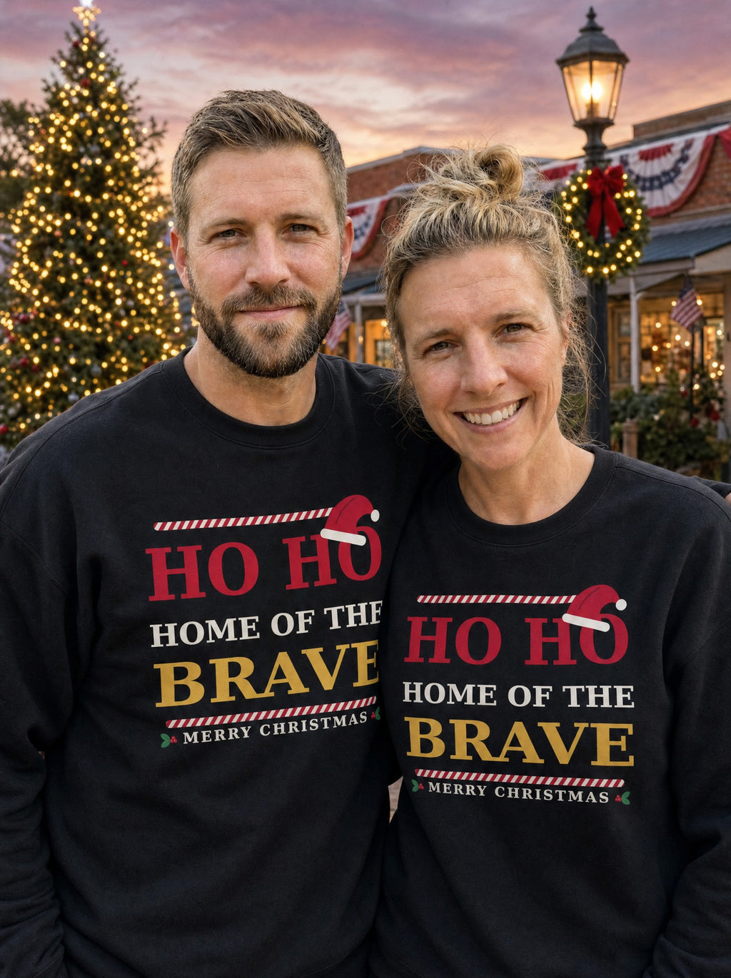 Garrett and Savannah smiling in matching black Ho Ho Home of the Brave Christmas sweatshirts in a town square at dusk beside a lit Christmas tree (AI-generated photo)