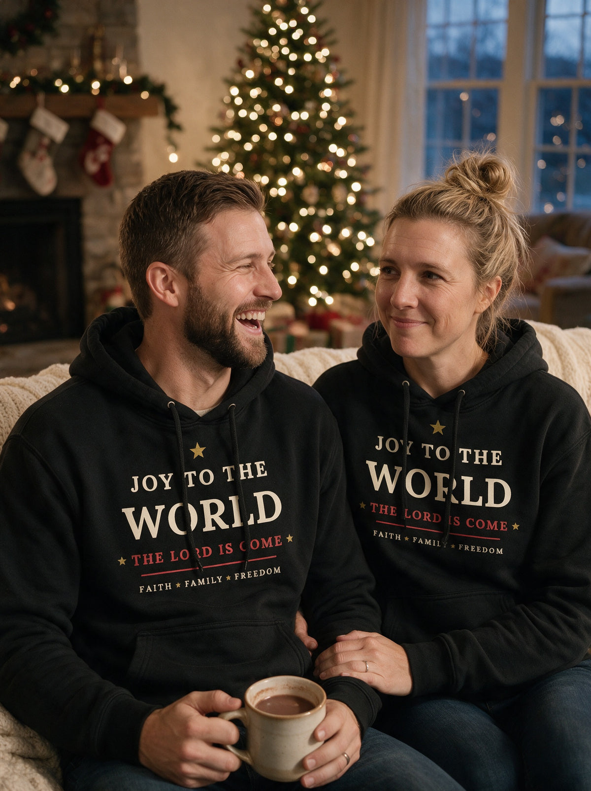 AI-generated photo of a laughing couple on a couch in matching black Joy to the World Christmas hoodies with a lit tree behind them