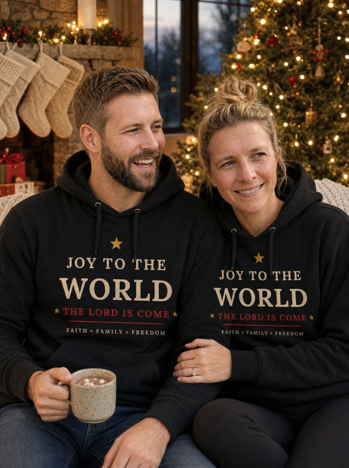 AI-generated photo of a couple in matching black Joy to the World Faith Family Freedom hoodies by a decorated Christmas tree and fireplace