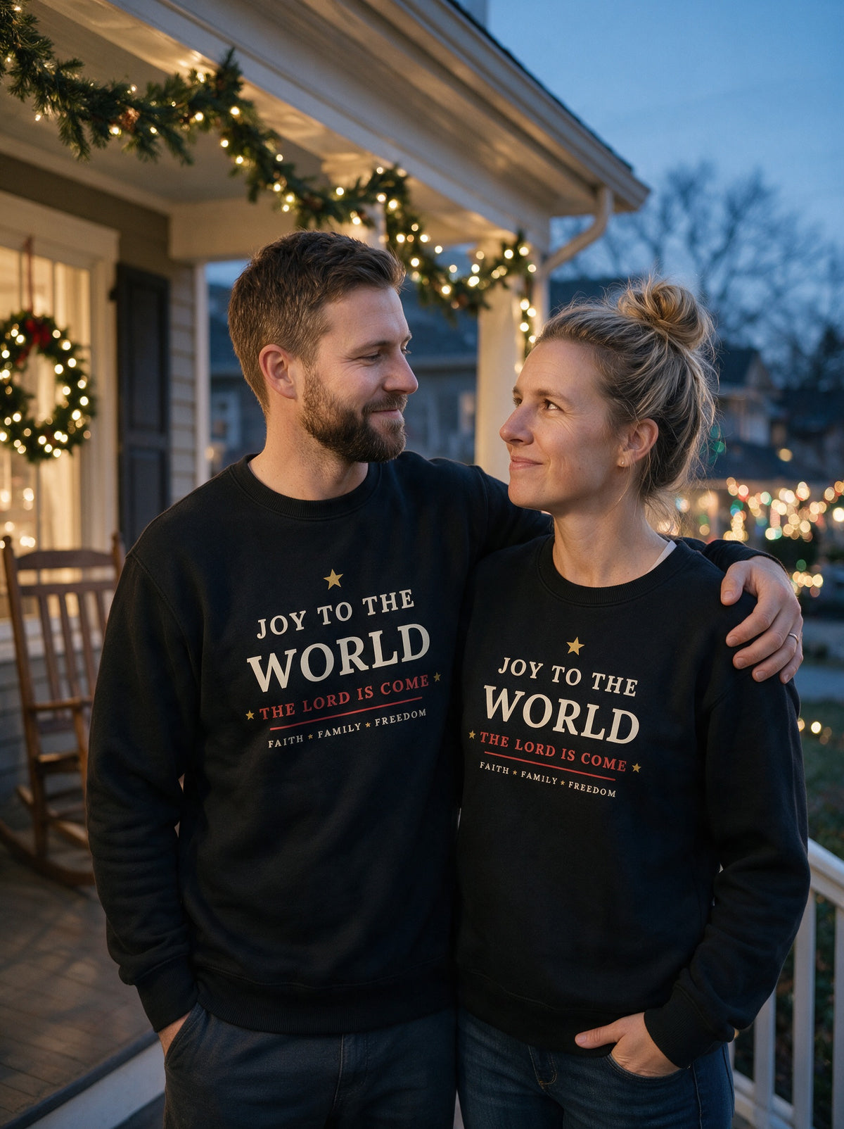 Couple in black Joy to the World Christmas crewneck sweatshirts on a decorated porch at dusk (AI-generated)