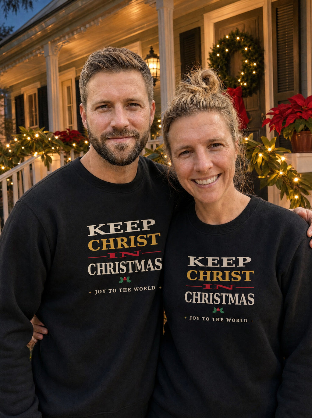 Couple in black Keep Christ in Christmas crewneck sweatshirts on a decorated porch at dusk