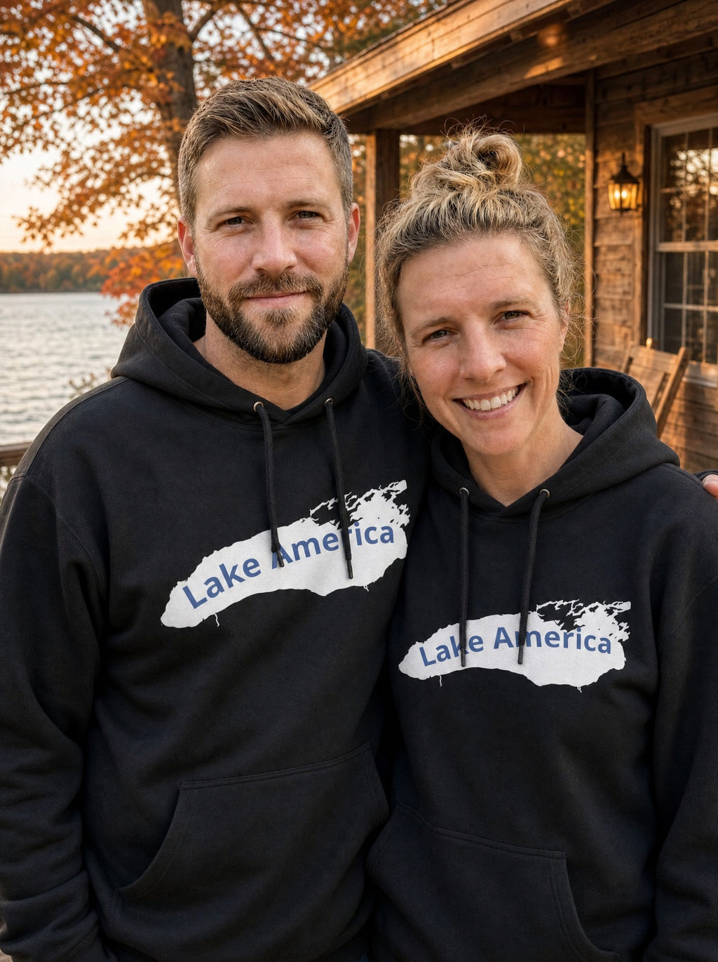 Garrett and Savannah in black Lake America hoodies on a lakeside cabin porch in autumn (AI-generated model photo)