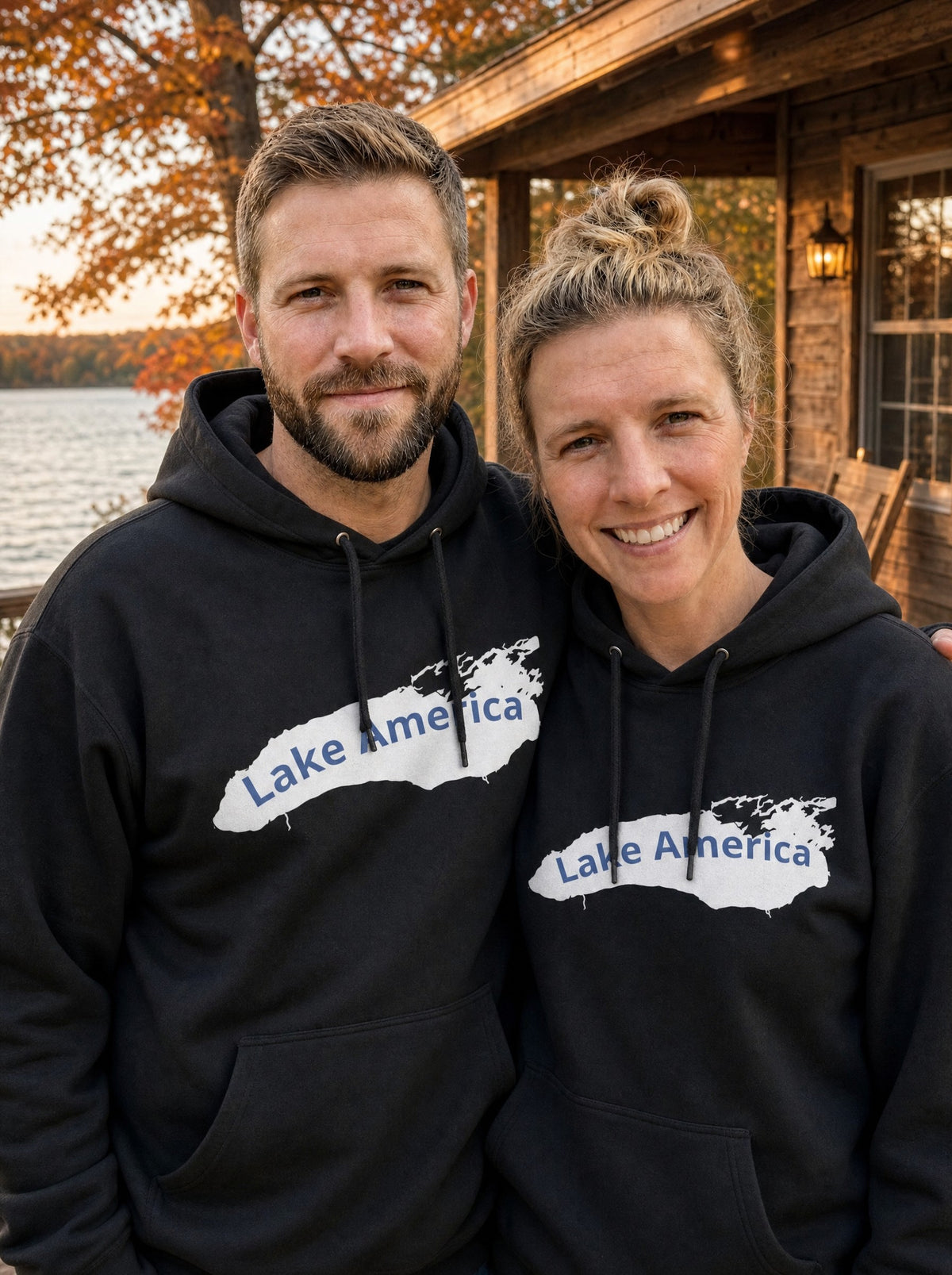 Garrett and Savannah in black Lake America hoodies on a lakeside cabin porch in autumn (AI-generated model photo)