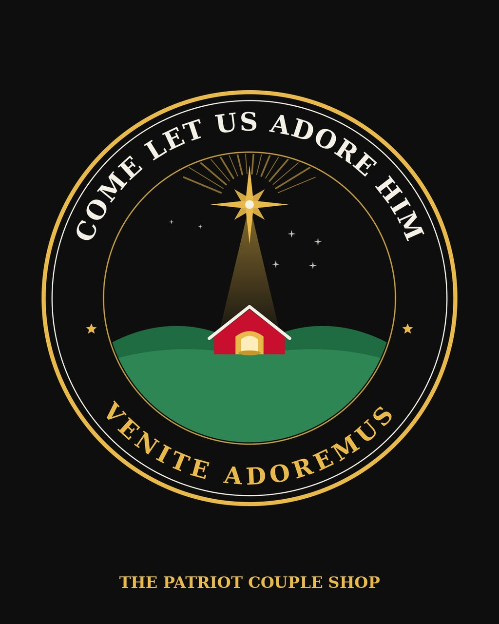 Come Let Us Adore Him Venite Adoremus Nativity badge design with a star over a manger on a black background