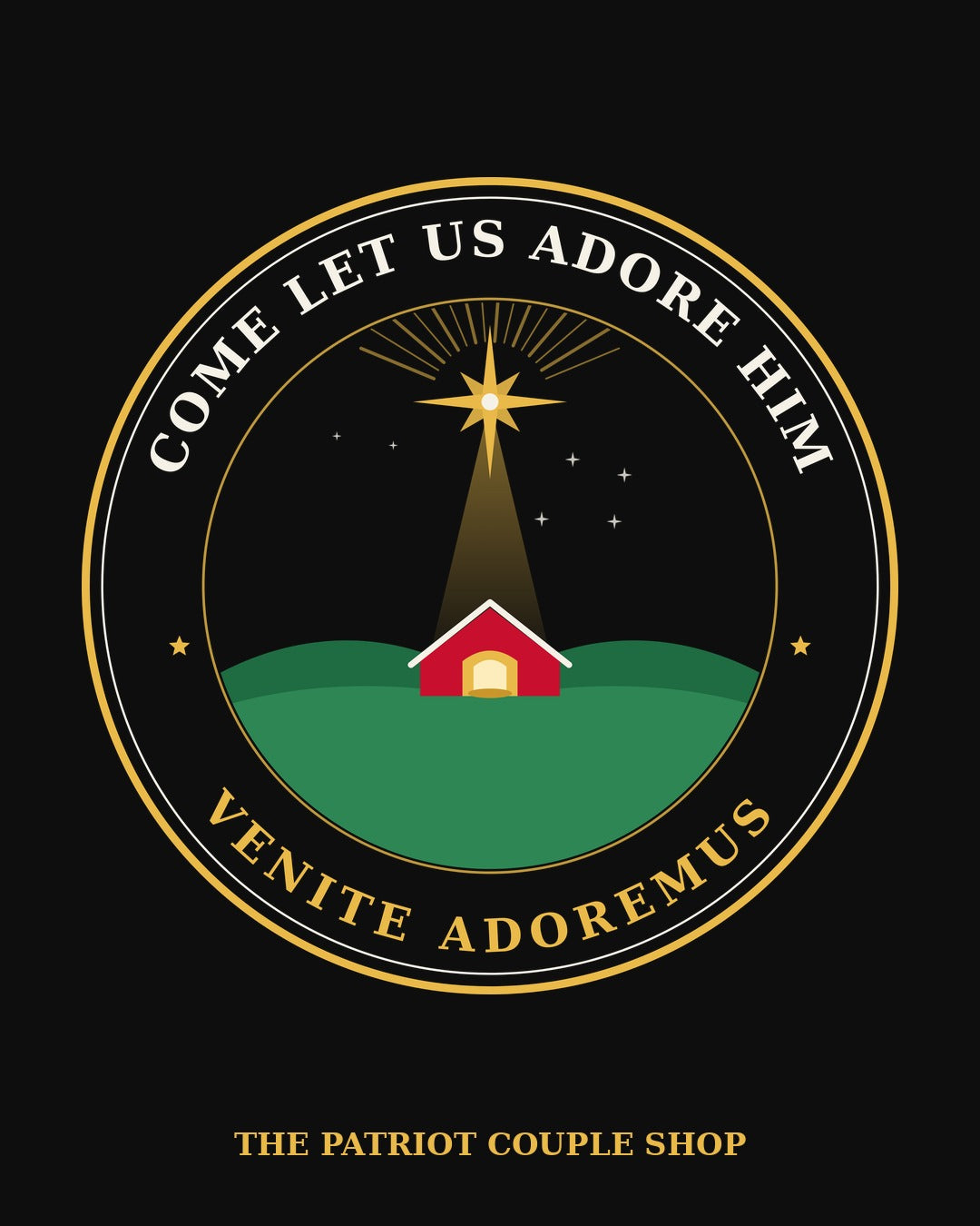 Come Let Us Adore Him Venite Adoremus Nativity badge design with a star over a manger on a black background