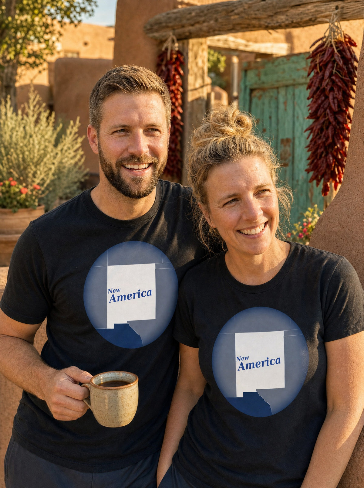 Couple in black New America retro New Mexico map tees in a sunlit adobe courtyard (AI-generated)