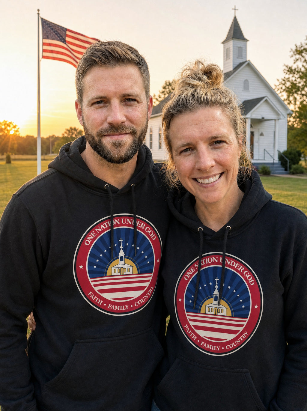 Garrett and Savannah wearing matching black One Nation Under God badge hoodies in front of a white country church with an American flag at sunrise