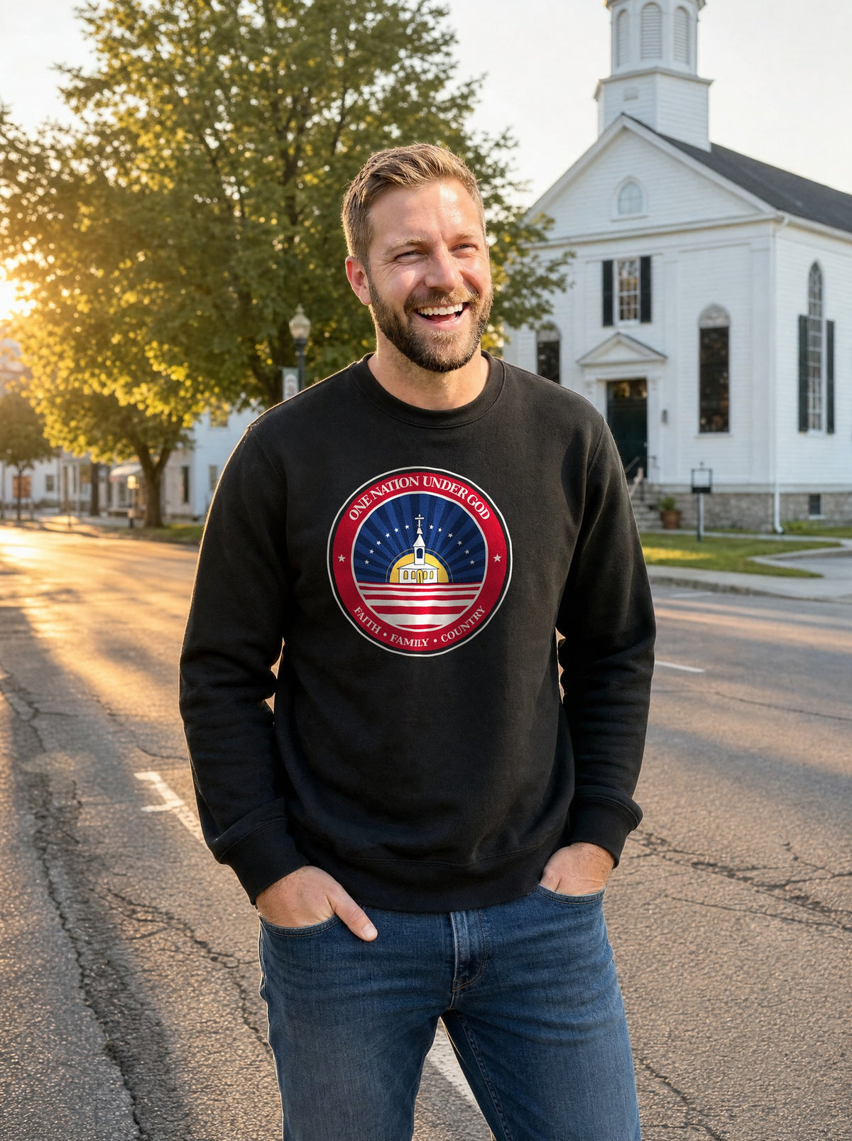 Smiling man in a black One Nation Under God badge sweatshirt standing on a small-town street in front of a white church