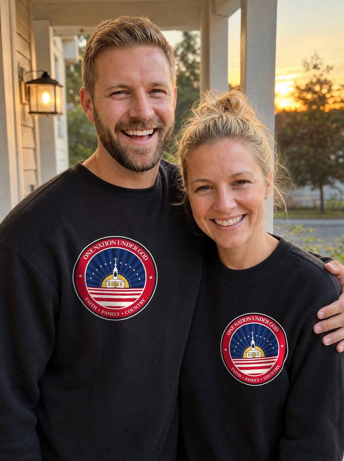 Man and woman smiling together on a porch at sunset, both wearing black One Nation Under God badge sweatshirts