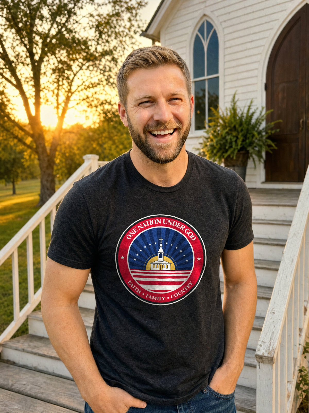 Garrett smiling on the steps of a white country church at golden hour, wearing a black heather tee with the One Nation Under God badge