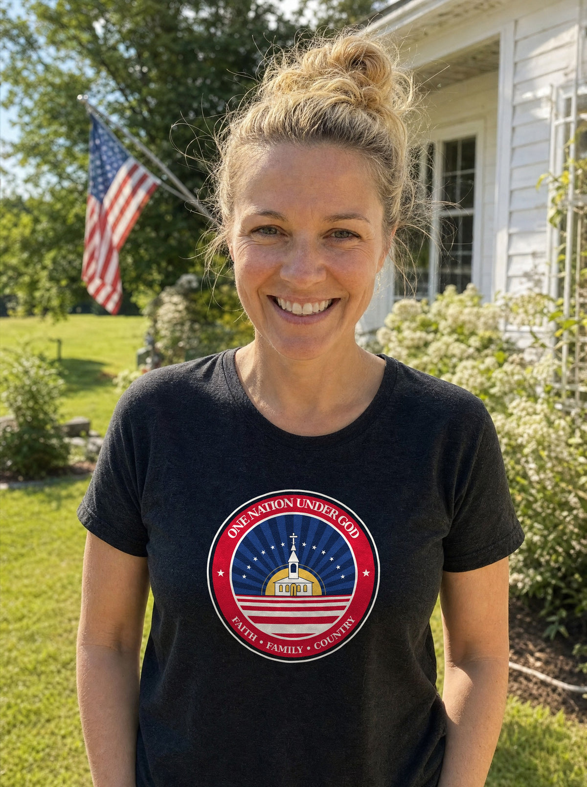 Savannah smiling in a sunlit farmhouse yard with an American flag, wearing a black heather tee with the One Nation Under God badge