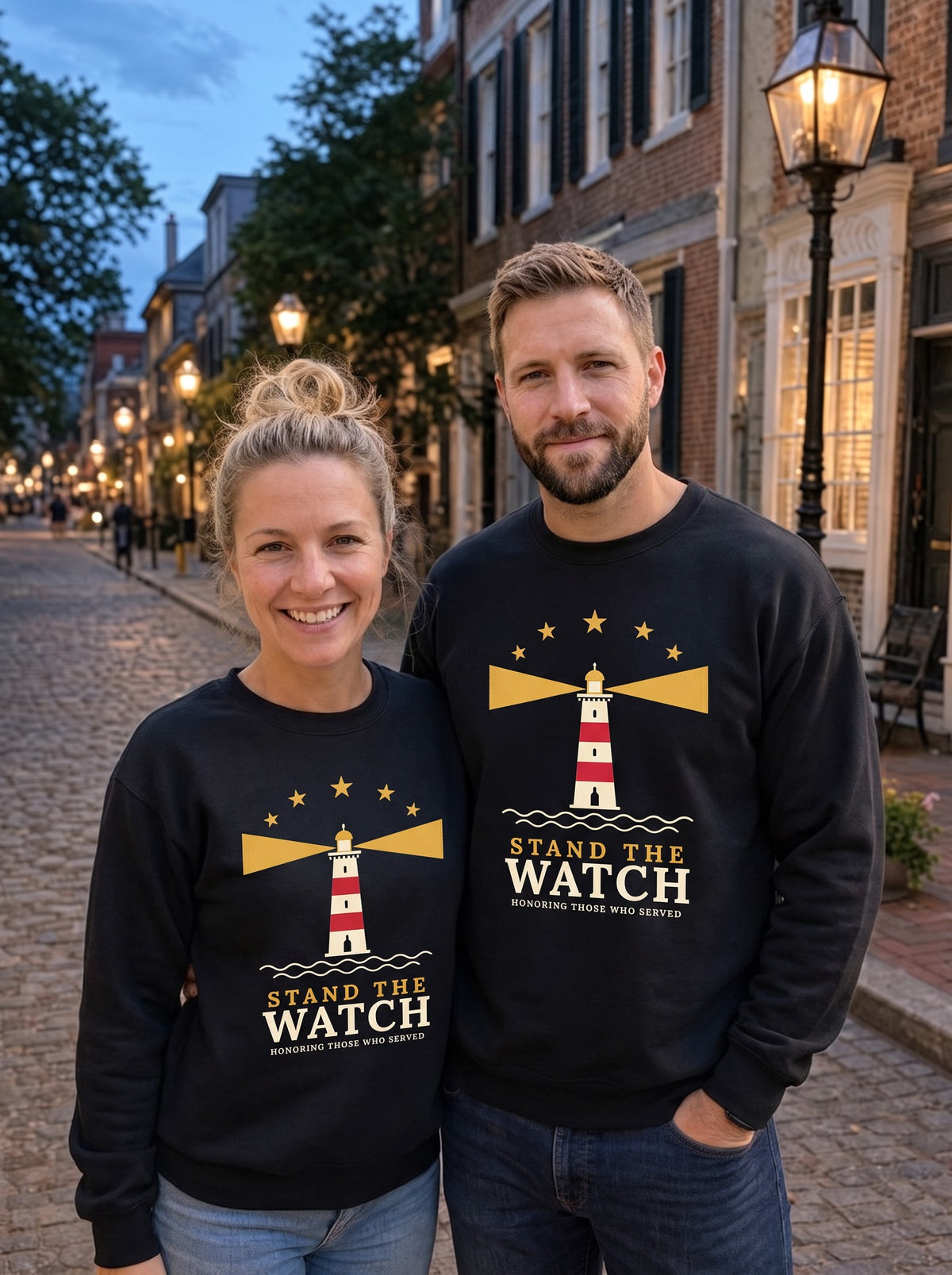 Couple wearing matching black Stand the Watch lighthouse sweatshirts on a cobblestone street (AI-generated image)