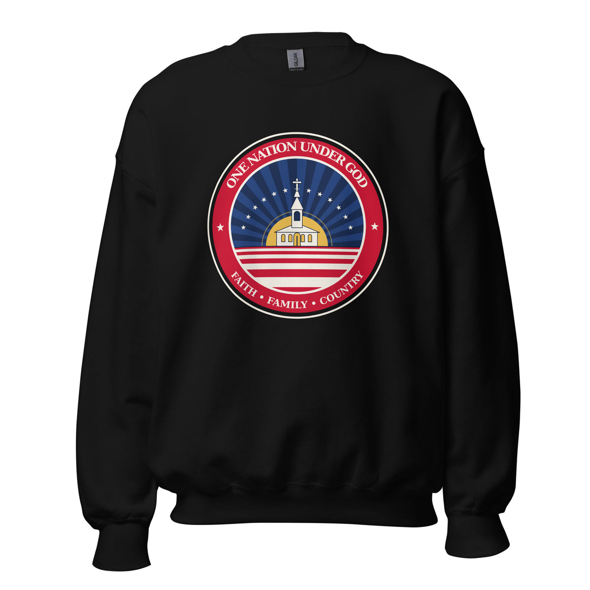 Black crewneck sweatshirt with a One Nation Under God badge on the chest, front view