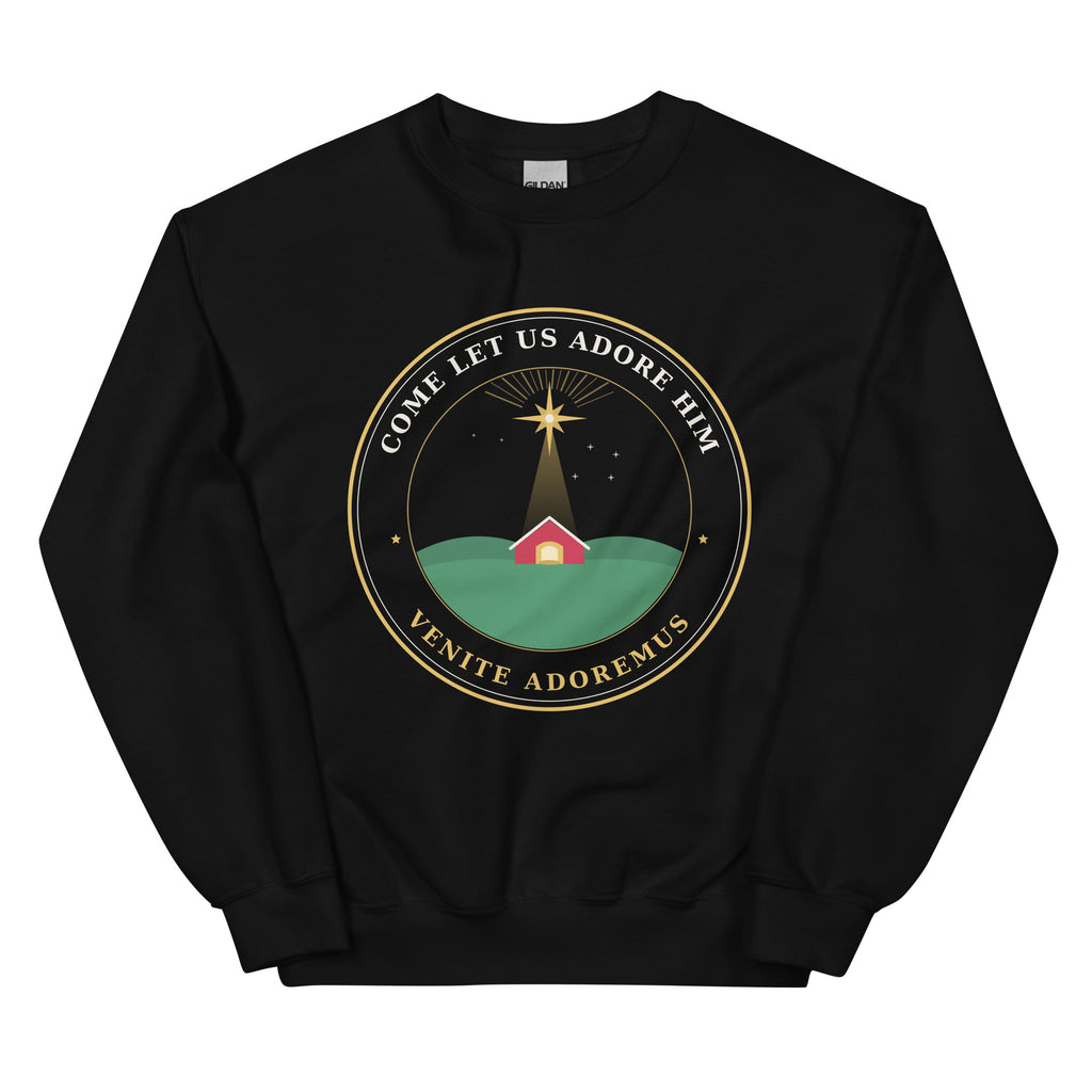 Front view of a black crewneck sweatshirt with the Come Let Us Adore Him Nativity badge