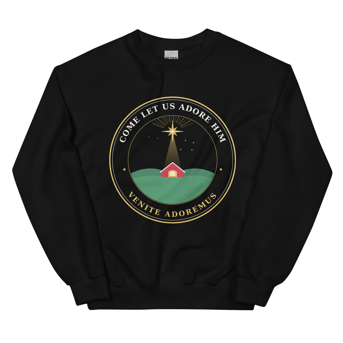 Front view of a black crewneck sweatshirt with the Come Let Us Adore Him Nativity badge