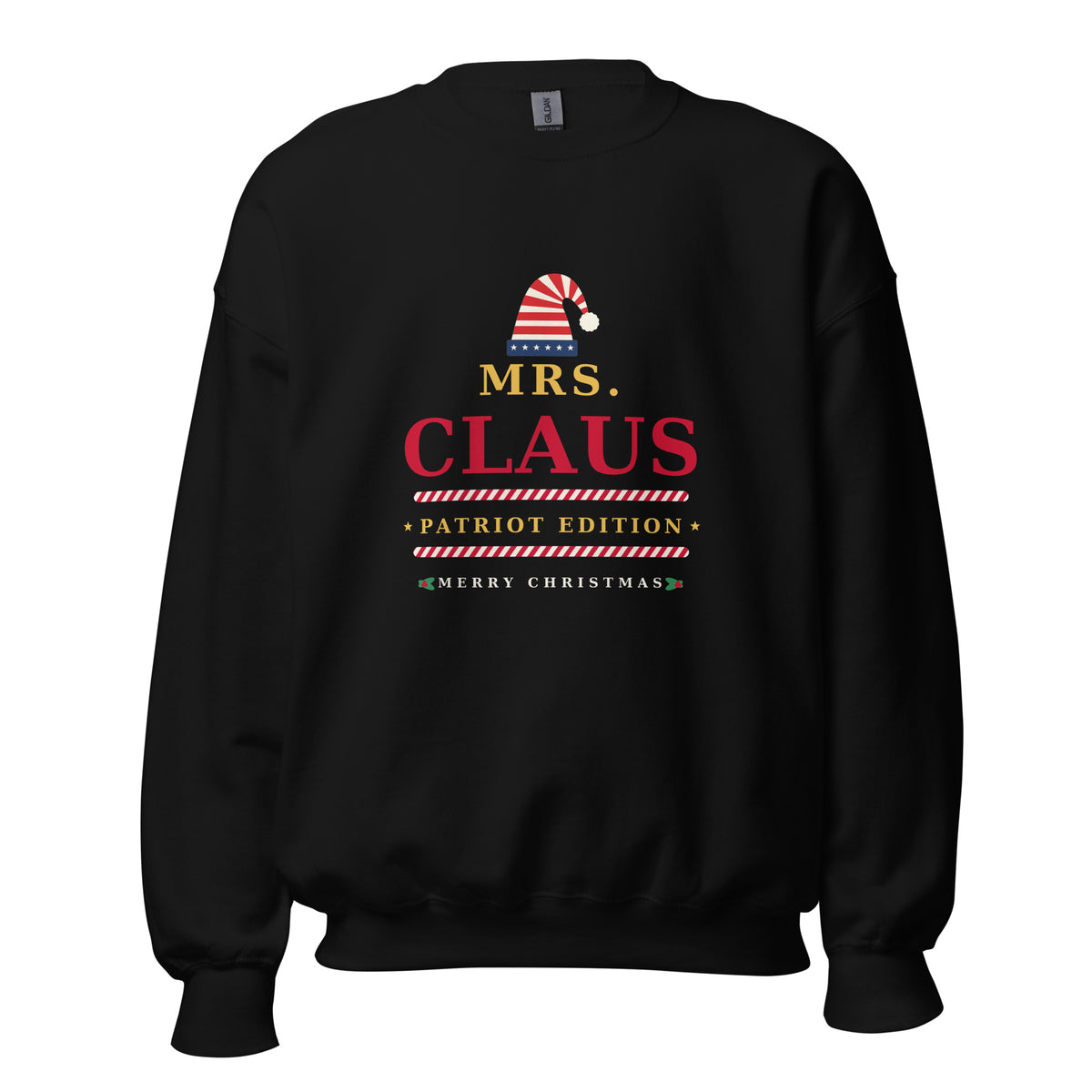 Mrs. Claus patriotic Christmas sweatshirt, front view, black crewneck with stars and stripes Santa hat design