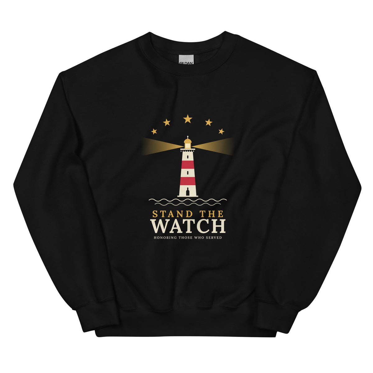 Black Stand the Watch lighthouse veterans sweatshirt, front view