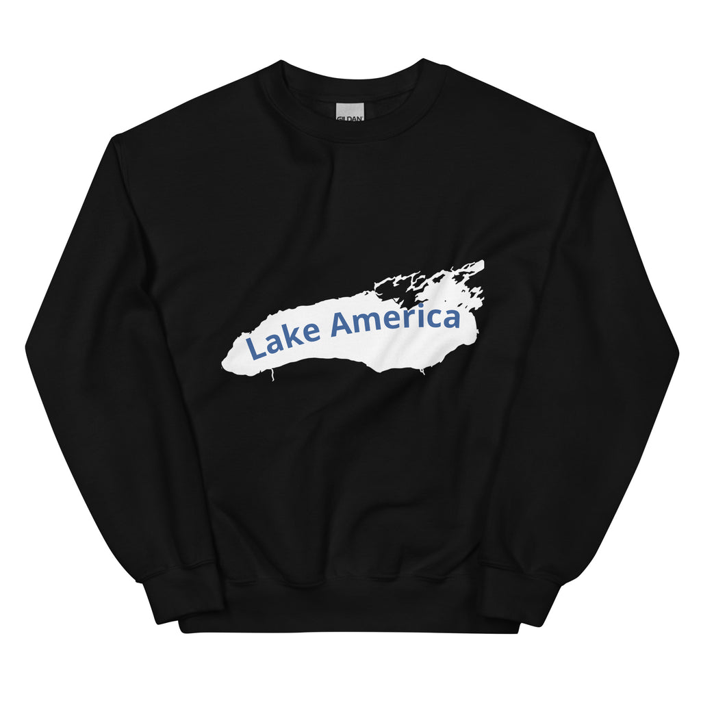 Front of black Lake America crewneck sweatshirt with white Great Lakes outline and blue lettering
