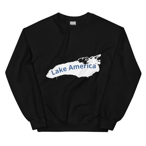 Front of black Lake America crewneck sweatshirt with white Great Lakes outline and blue lettering