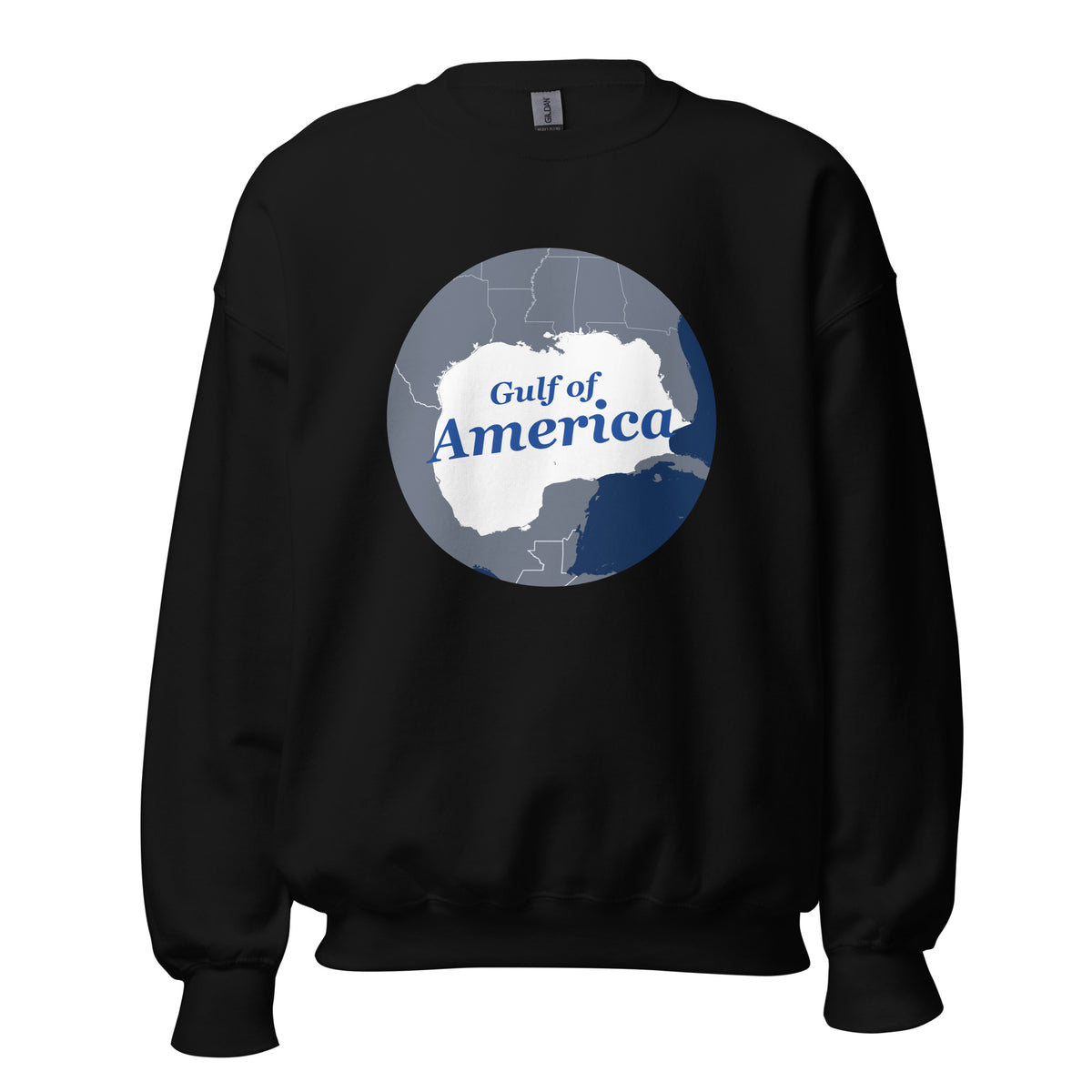 Gulf of America retro map black sweatshirt, front view with circular Gulf Coast map and blue script lettering