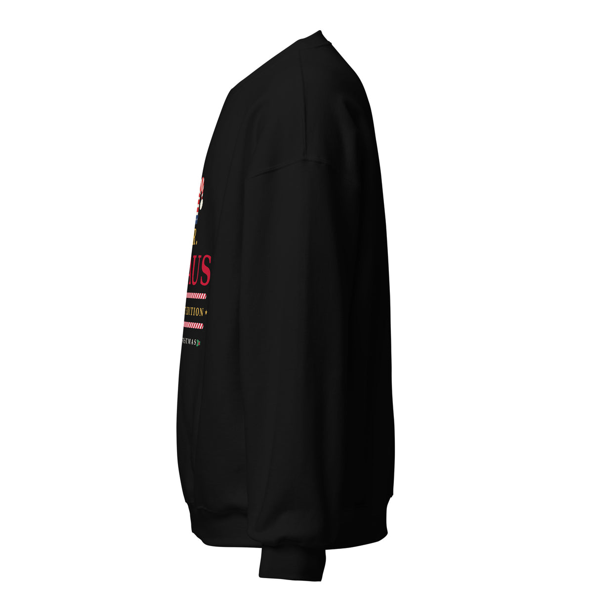 Mr. Claus patriotic Christmas sweatshirt, left side view, black crewneck