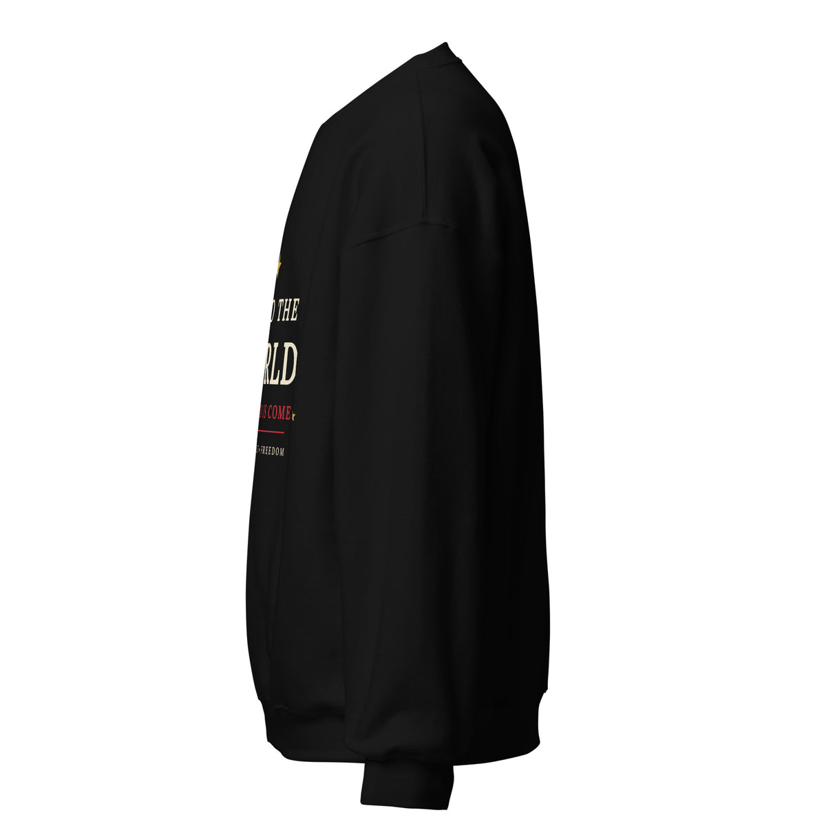 Black Joy to the World Christmas crewneck sweatshirt, left sleeve view
