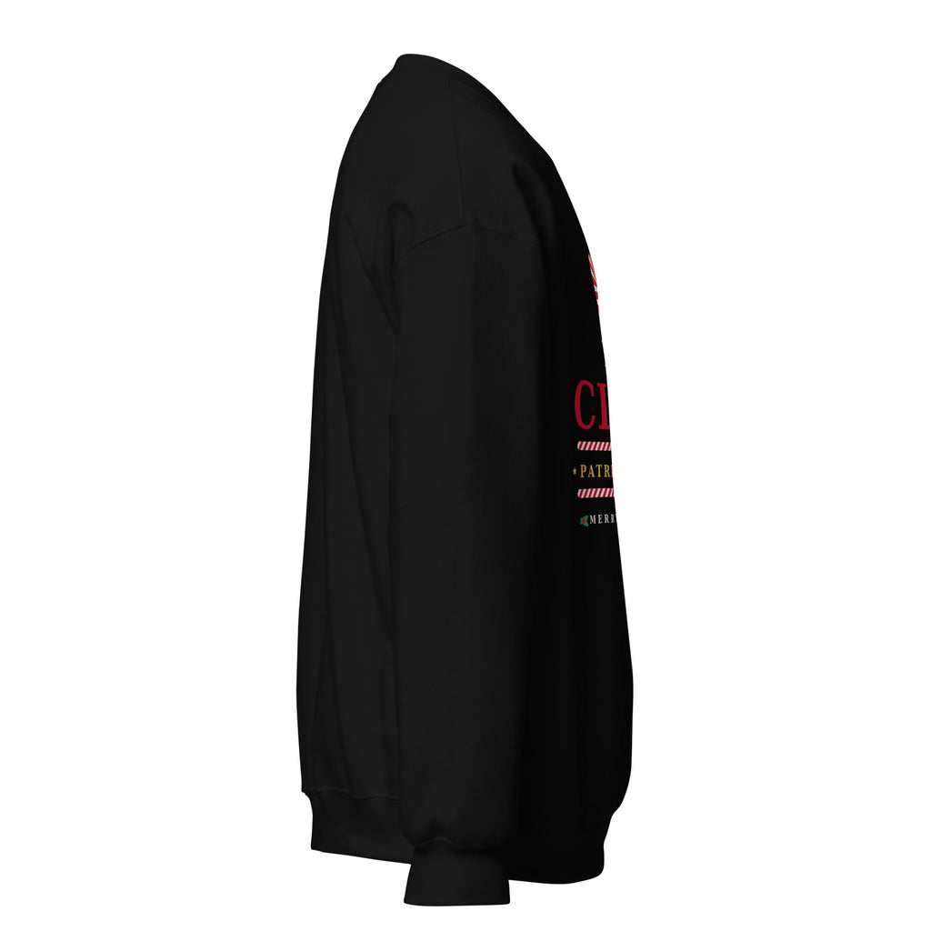 Mr. Claus patriotic Christmas sweatshirt, right side view, black crewneck