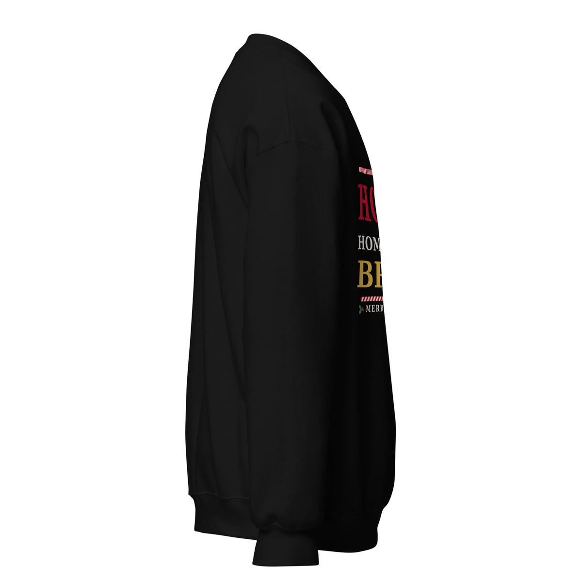 Black Ho Ho Home of the Brave Christmas crewneck sweatshirt, right sleeve view