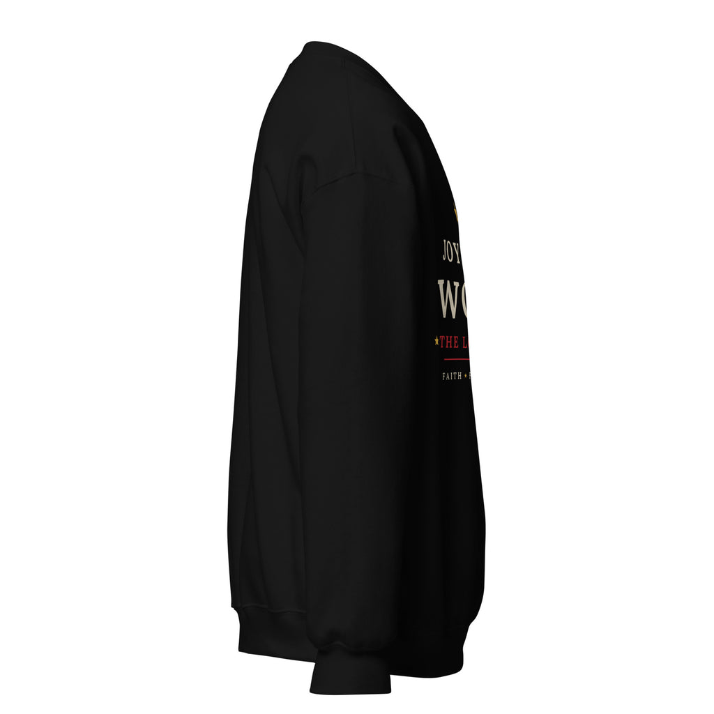 Black Joy to the World Christmas crewneck sweatshirt, right sleeve view