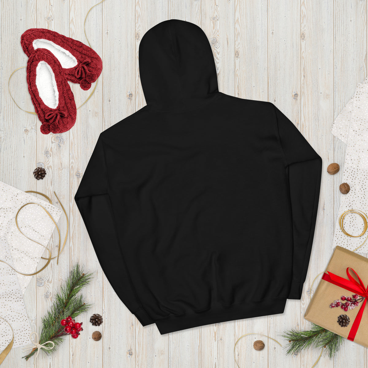 Daddy's Home Vintage Heritage Hoodie in black, back view (plain back), holiday flat lay