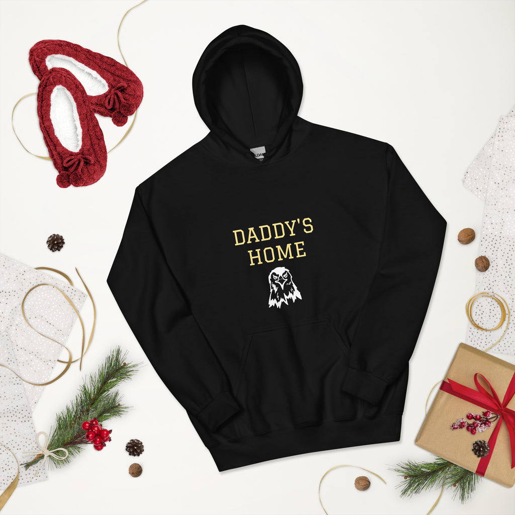 Daddy's Home Vintage Heritage Hoodie in black, front view with gold varsity lettering and eagle graphic