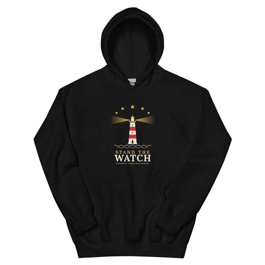 Black Stand the Watch lighthouse veterans hoodie, front view