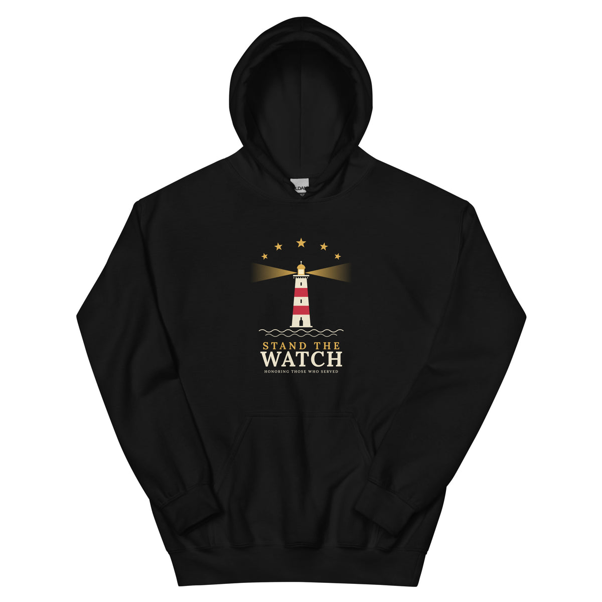 Black Stand the Watch lighthouse veterans hoodie, front view