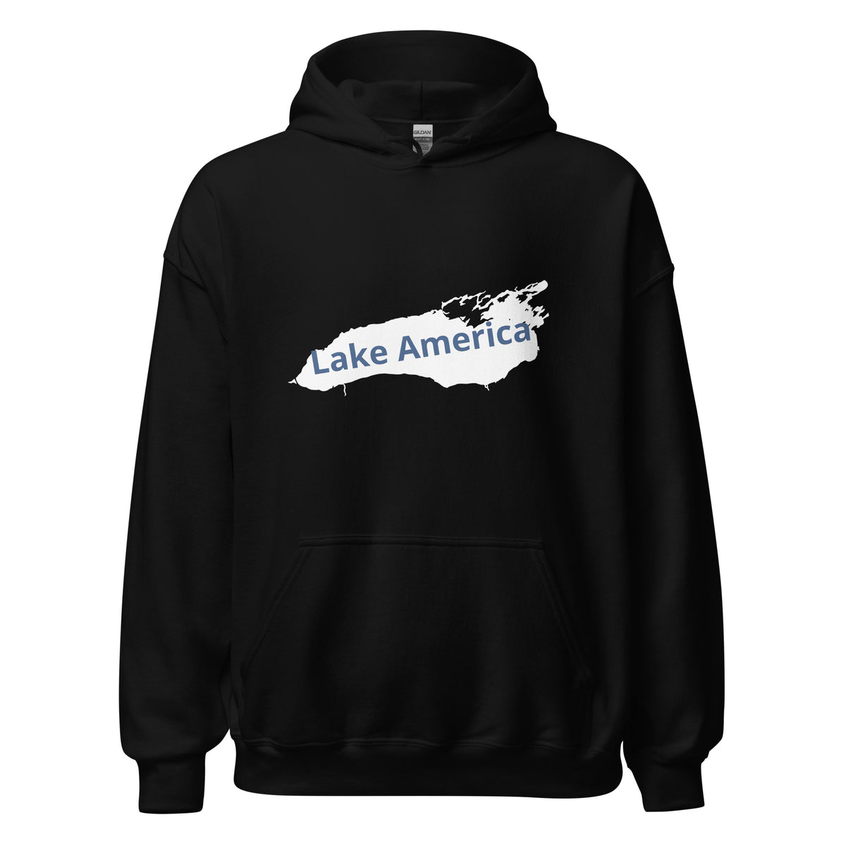 Black Lake America pullover hoodie with retro Great Lakes outline and blue lettering, front view