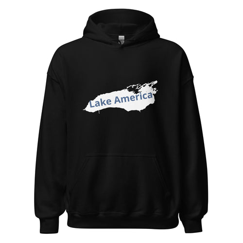 Black Lake America pullover hoodie with retro Great Lakes outline and blue lettering, front view