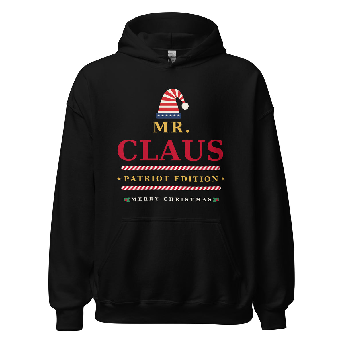 Mr. Claus Patriot Edition black Christmas hoodie, front view with stars and stripes Santa hat