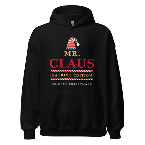 Mr. Claus Patriot Edition black Christmas hoodie, front view with stars and stripes Santa hat