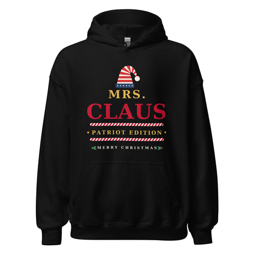 Mrs. Claus Patriot Edition black Christmas hoodie, front view with stars and stripes Santa hat