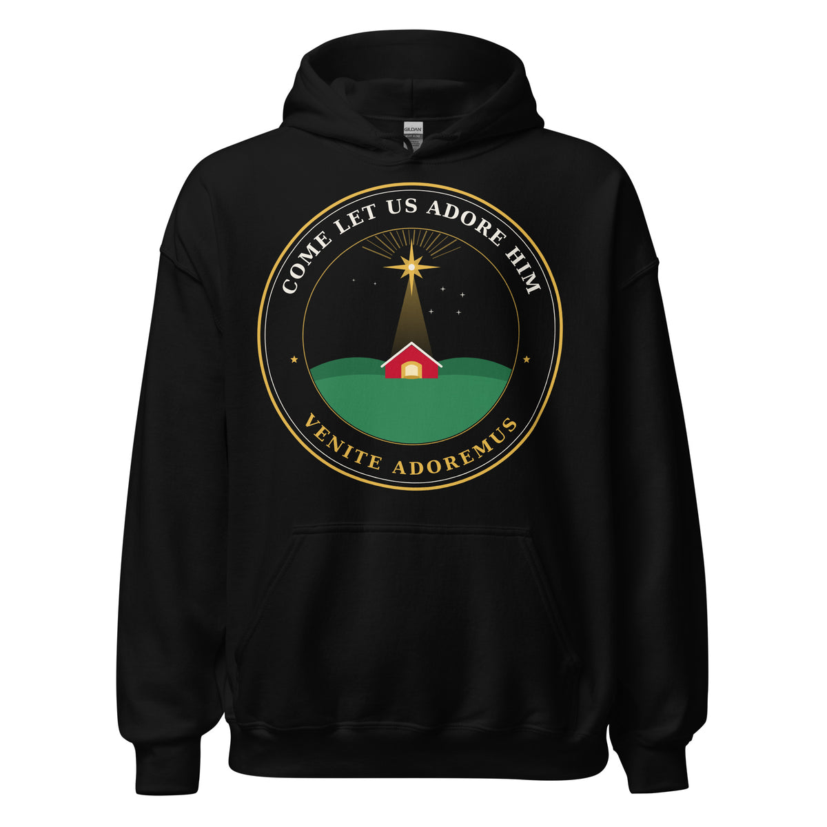 Come Let Us Adore Him Nativity badge black hoodie, front view with glowing star over a red stable and Venite Adoremus