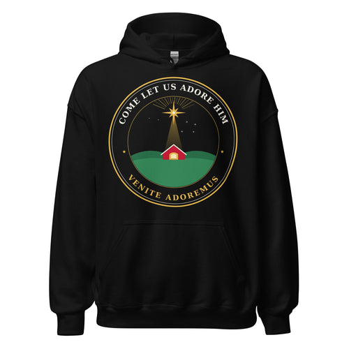 Come Let Us Adore Him Nativity badge black hoodie, front view with glowing star over a red stable and Venite Adoremus