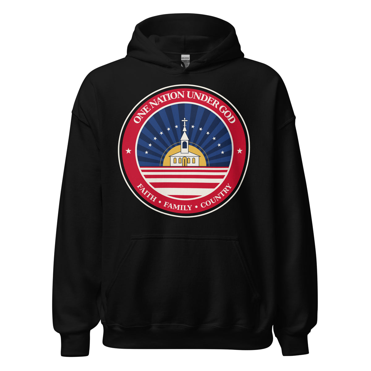 One Nation Under God Faith and Flag badge black hoodie, front view with church, stars and flag stripes