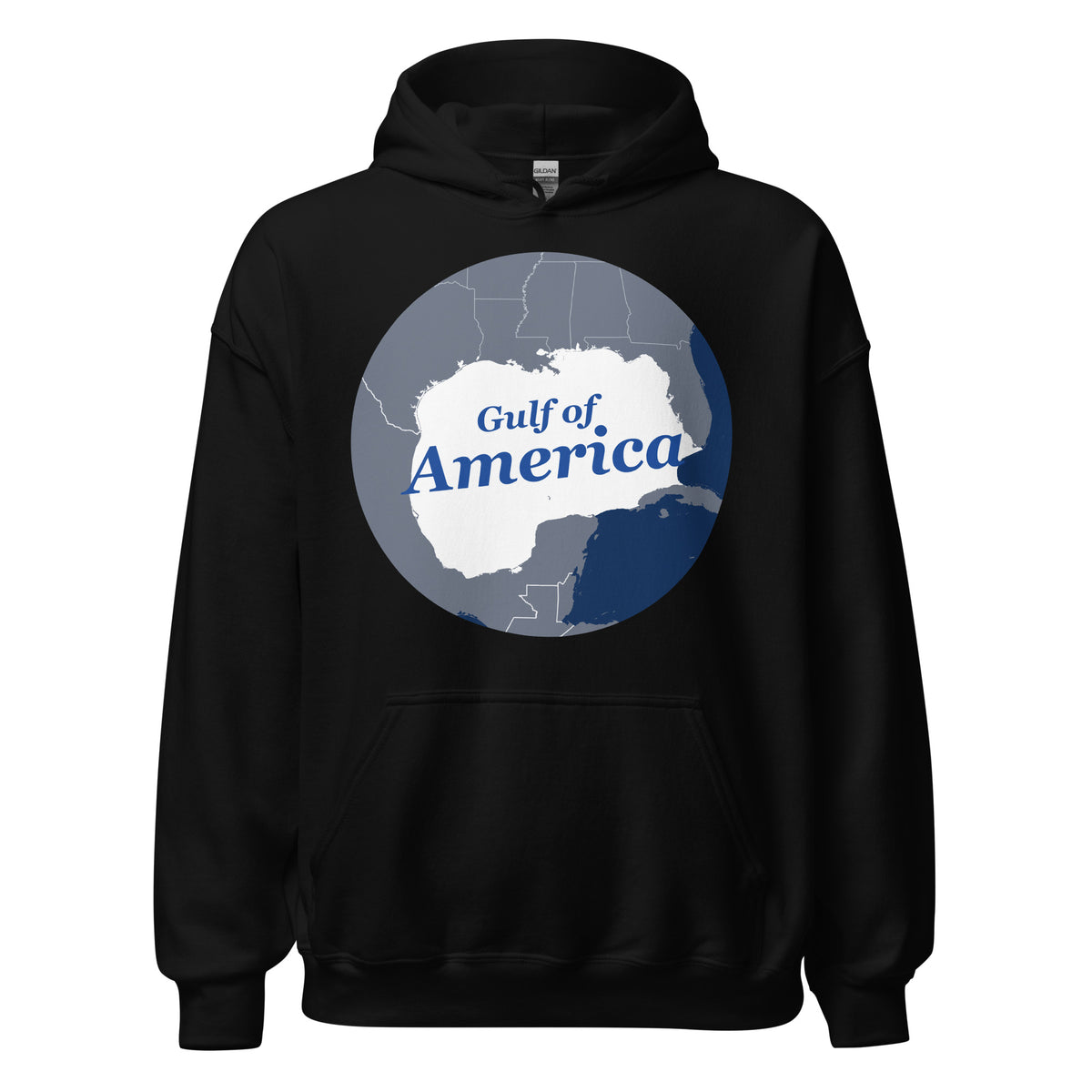 Gulf of America retro map black hoodie, front view with circular Gulf Coast map and blue script lettering