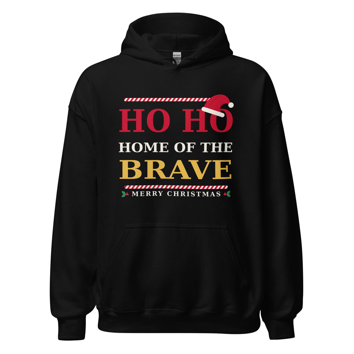 Black Ho Ho Home of the Brave Christmas pullover hoodie with Santa hat graphic, front view