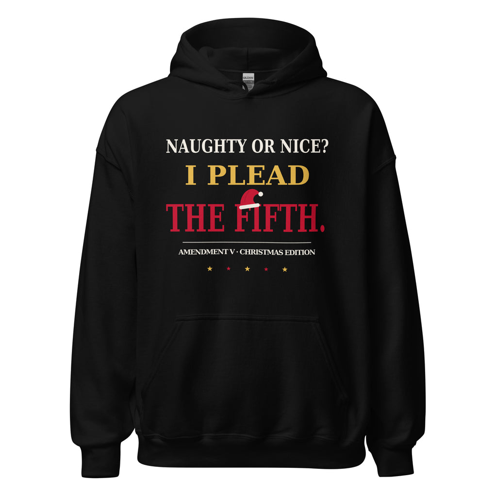 Black I Plead the Fifth Christmas Edition pullover hoodie, front view with Santa hat graphic on the chest